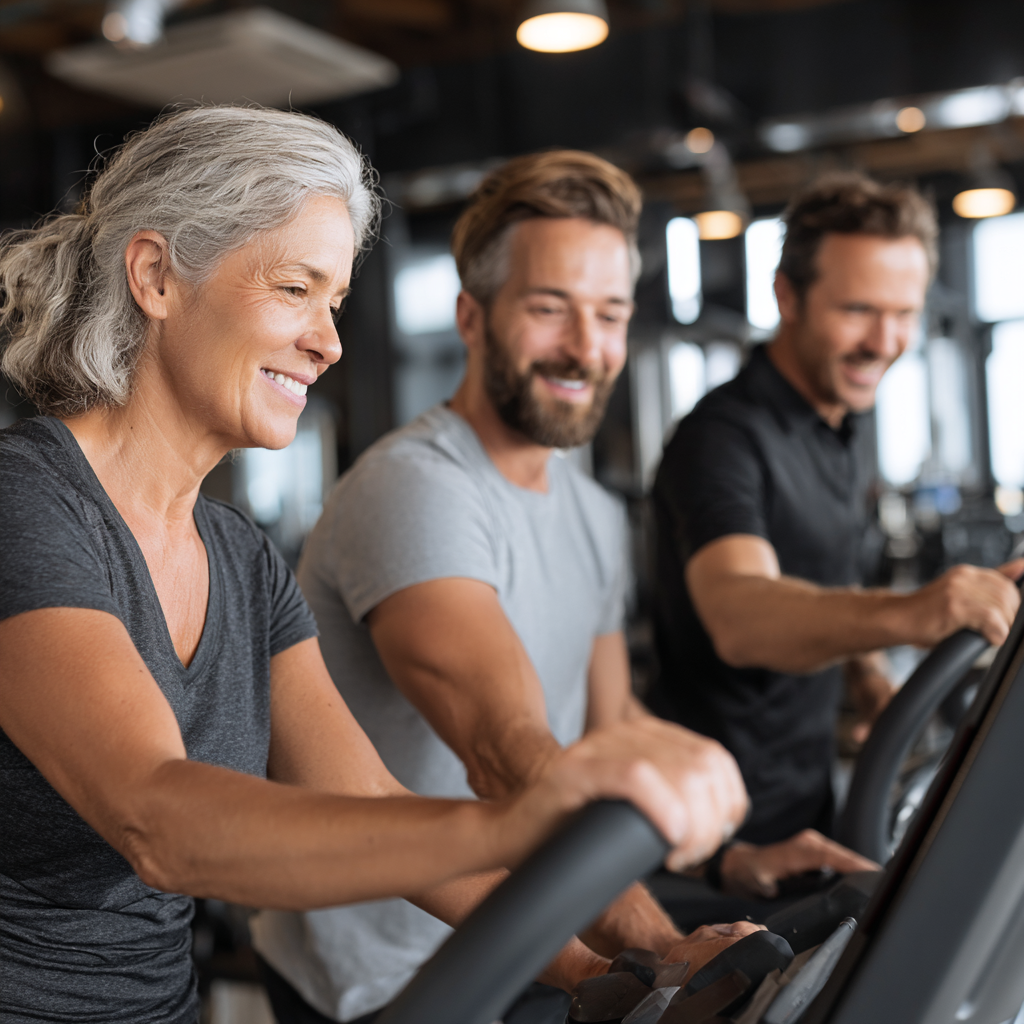 Professional fitness trainers working with middle-aged adults in modern gym environment